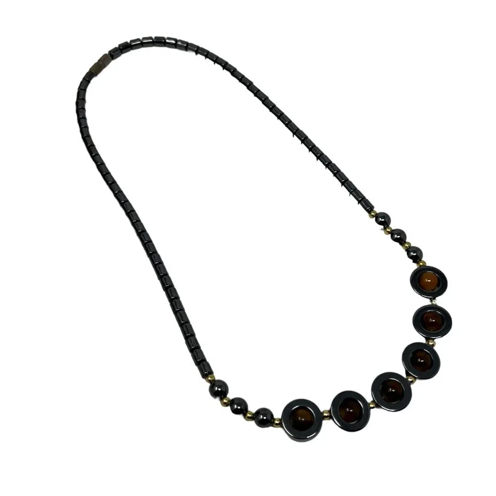 Hematite Necklace Black Natural Stone Caged Yellow Orange‎ Beads Gold Tone Beads